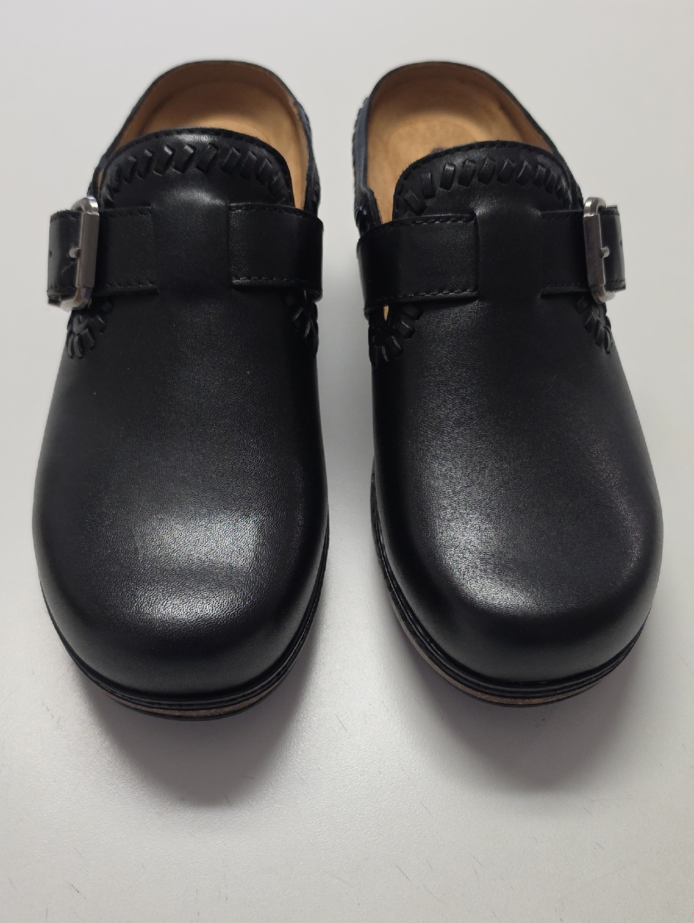 Brand New Earth Black Leather Slip-On Clogs with Silver Buckle. Size 8.5 medium.